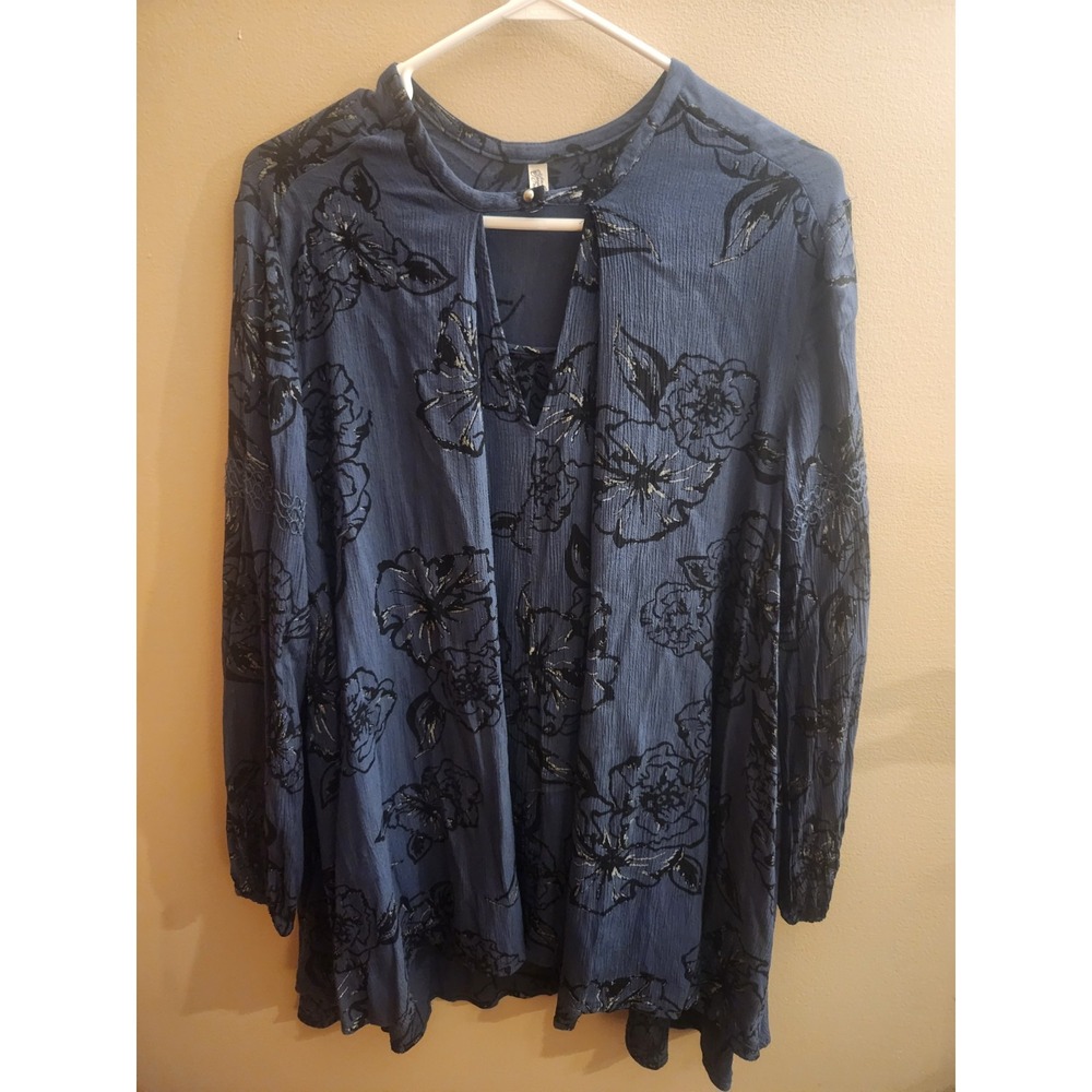 Free People Tunic Long Sleeve Swing Floral Hi Low Curved Hem Oversized Shirt XS